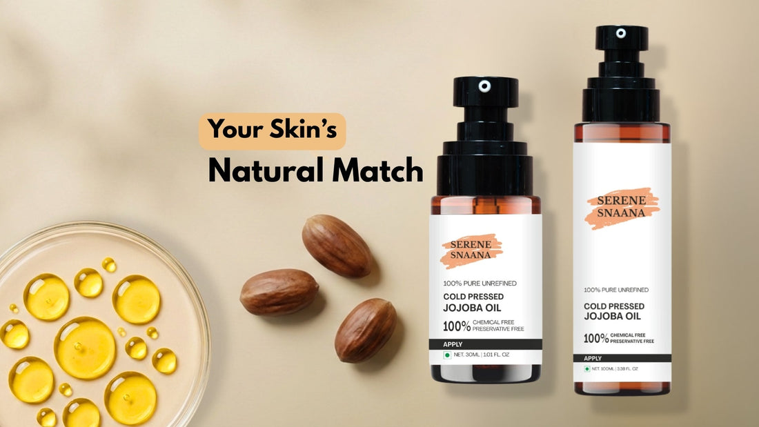 Pure cold-pressed jojoba oil bottles beside jojoba nuts and oil in a bowl.