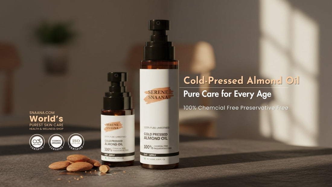 Bottles of cold-pressed almond oil highlighting almond oil benefits for skin and hair, 100% chemical-free.
