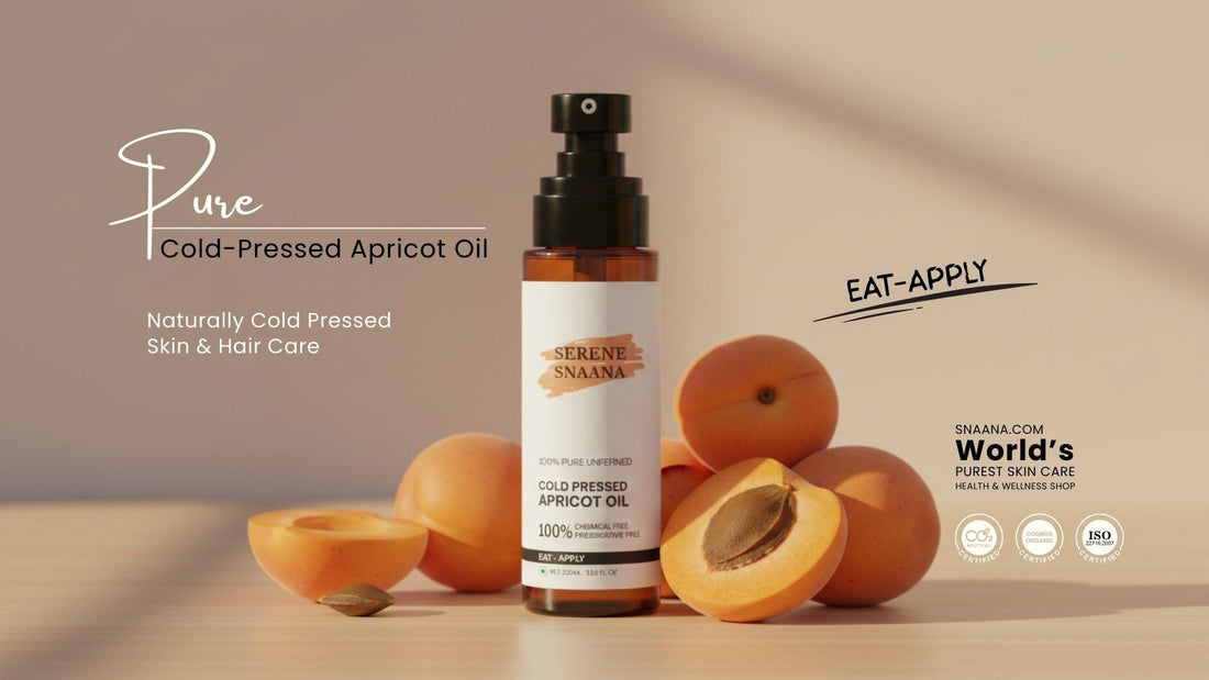 Pure cold-pressed apricot oil benefits for skin and hair care with fresh apricots.