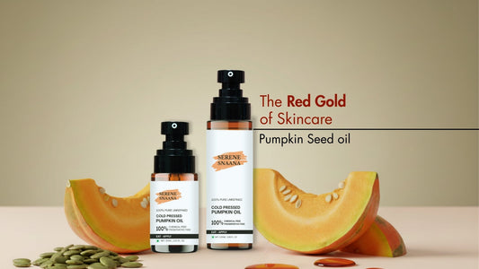 Pumpkin seed oil for skin in elegant packaging with sliced pumpkin and seeds, highlighting its skincare benefits.