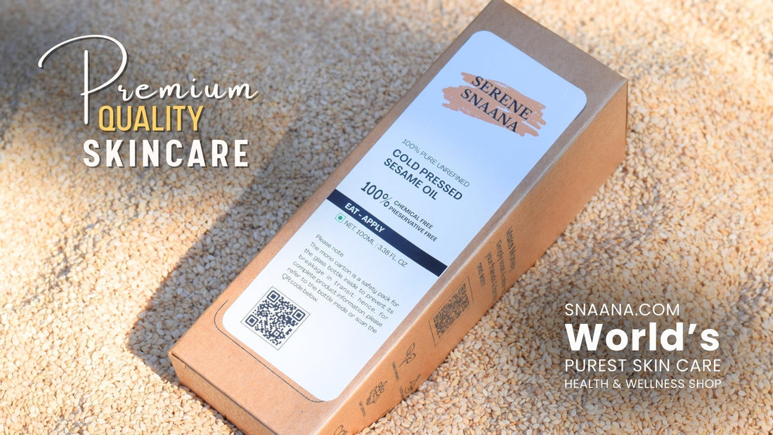 Sesame cold pressed oil benefits showcased on a premium skincare product package.