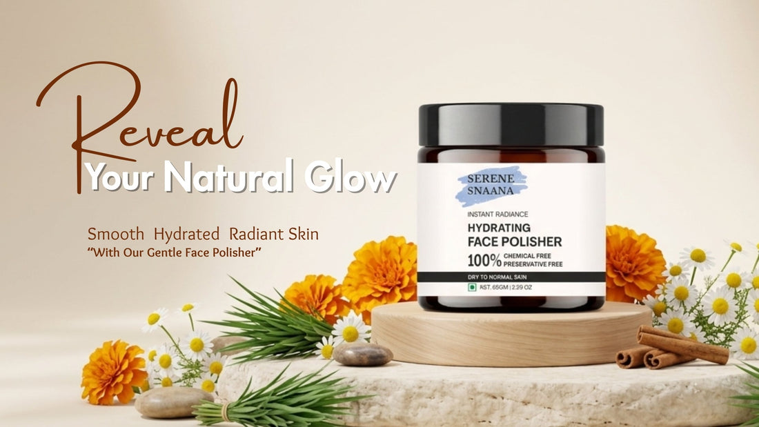 Natural face polisher for smooth skin in a serene setting with flowers and a stylish jar.